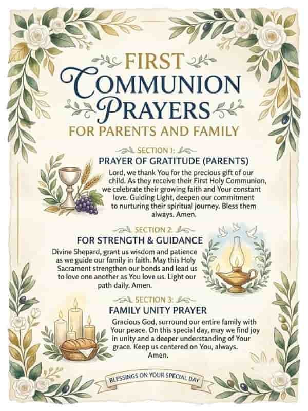 A illustrated poster featuring First Communion prayers for parents and family, framed by an ornate floral and botanical border. The top displays navy blue and gold typography reading "First Communion Prayers for Parents and Family". Below are three distinct prayer sections: Section 1 (Prayer of Gratitude) accompanied by an illustration of a communion chalice, wheat, and grapes; Section 2 (For Strength & Guidance) alongside a glowing oil lamp and white doves; and Section 3 (Family Unity Prayer) paired with lit candles and a basket of bread. A banner reading "Blessings on your special day" rests at the bottom.