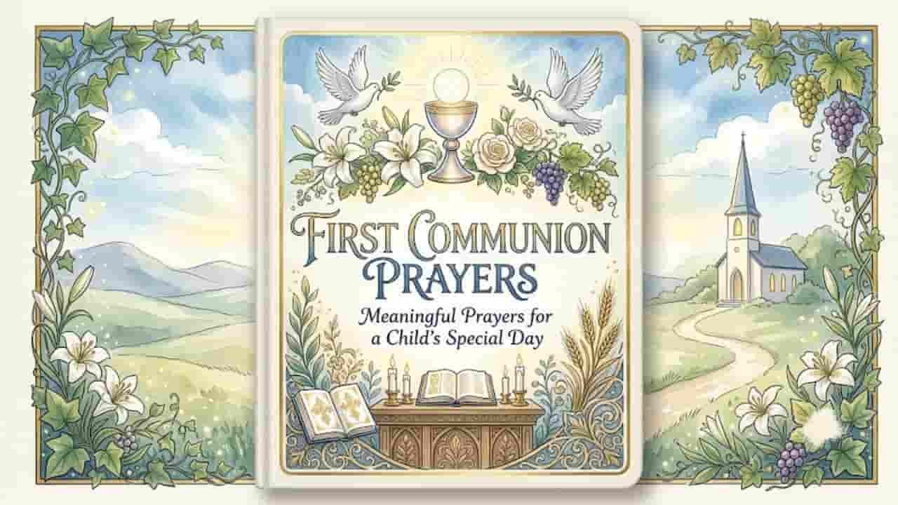 A book cover titled "First Communion Prayers: Meaningful Prayers for a Child’s Special Day," featuring watercolor illustrations of a chalice, host, white doves, lilies, grapes, wheat, candles, open Bibles, and a church in the background.