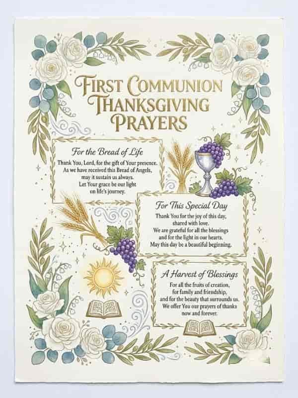 Watercolor stationery featuring First Communion Thanksgiving Prayers, framed by white roses, eucalyptus, olive branches, a chalice, grapes, wheat stalks, and a radiating sun.