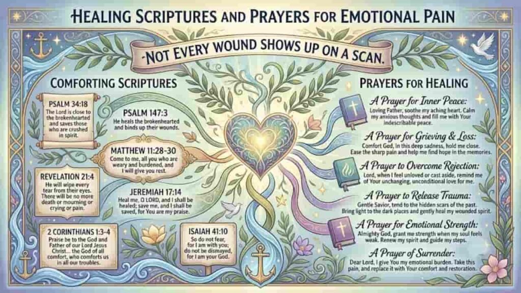 An infographic titled "Healing Scriptures and Prayers for Emotional Pain" with the subtitle "Not Every Wound Shows Up on a Scan" featuring Bible verses and heartfelt prayers surrounding a glowing central heart.