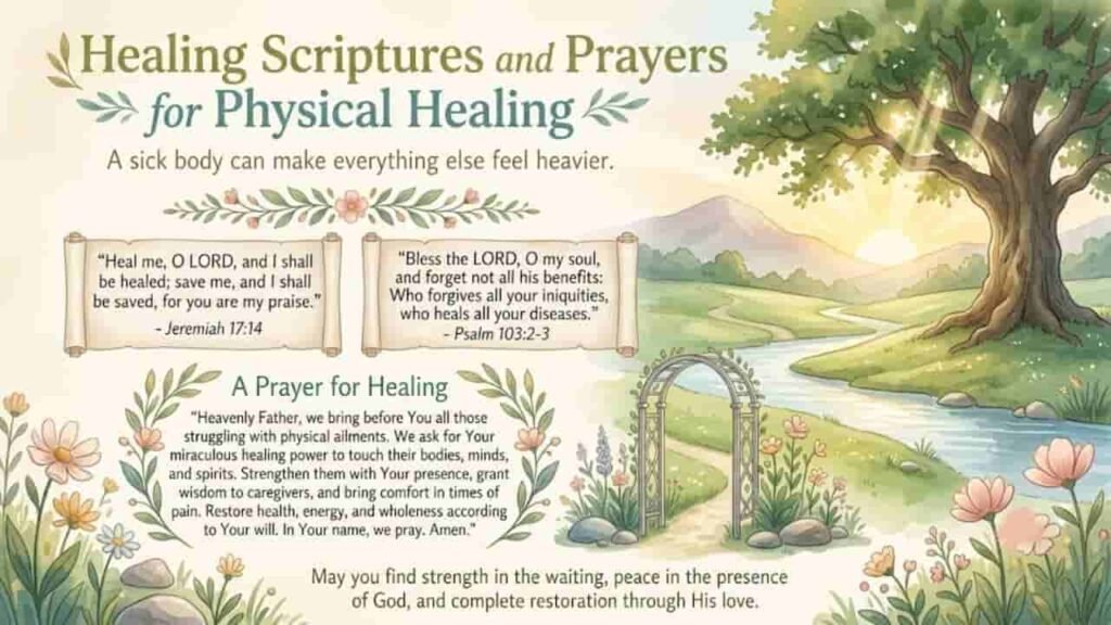 An illustration featuring scripture quotes and a prayer for physical healing, set against a peaceful watercolor landscape with a tree, river, sunrise, and floral elements.