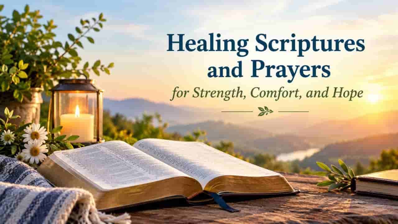 Healing scriptures and prayers with an open Bible, glowing candle, and peaceful sunrise over the mountains, symbolizing strength, comfort, and hope "healing scriptures and prayers".