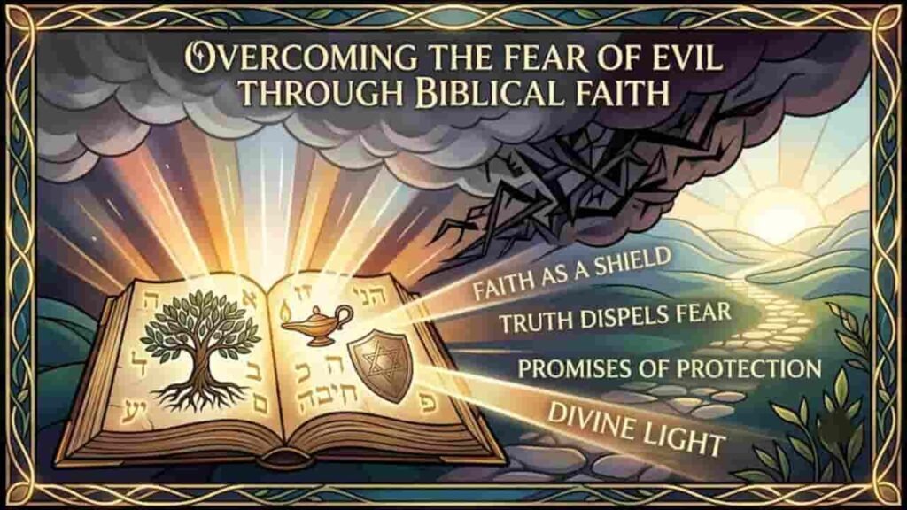 An open Bible emitting rays of light that illuminate a stone path leading out from under dark storm clouds toward a glowing sunrise, with text overlaid reading "Overcoming the Fear of Evil Through Biblical Faith."