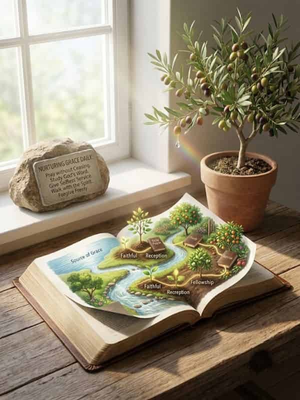 An open Bible on a wooden table near a sunlit window with an illustrated pop-up pathway showing spiritual growth steps alongside a potted olive tree and a decorative stone.   