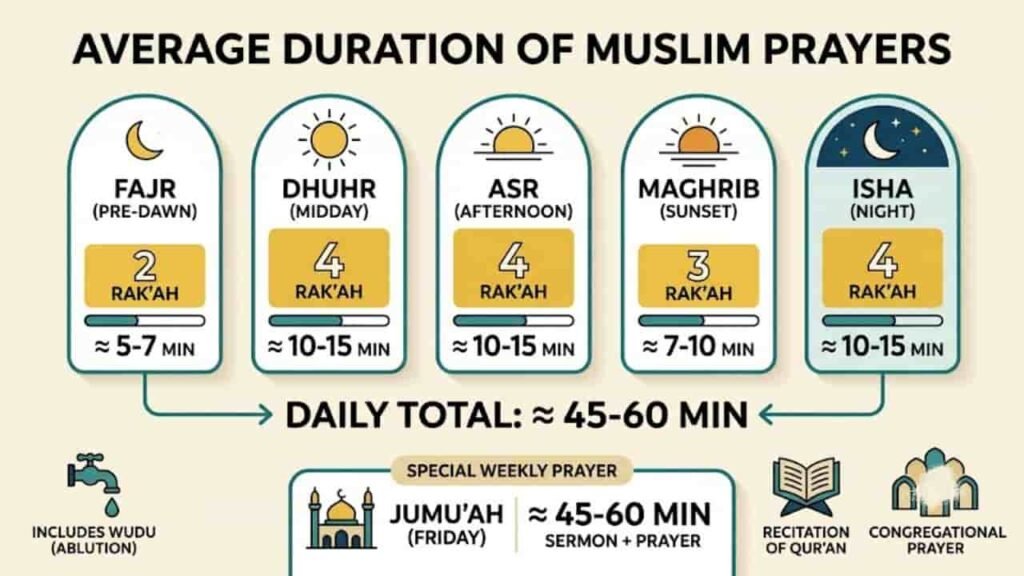 An infographic titled "Average Duration of Muslim Prayers" showing time estimates and units for daily and weekly prayers, decorated with icons of a faucet, a Quran on a stand, and a mosque.