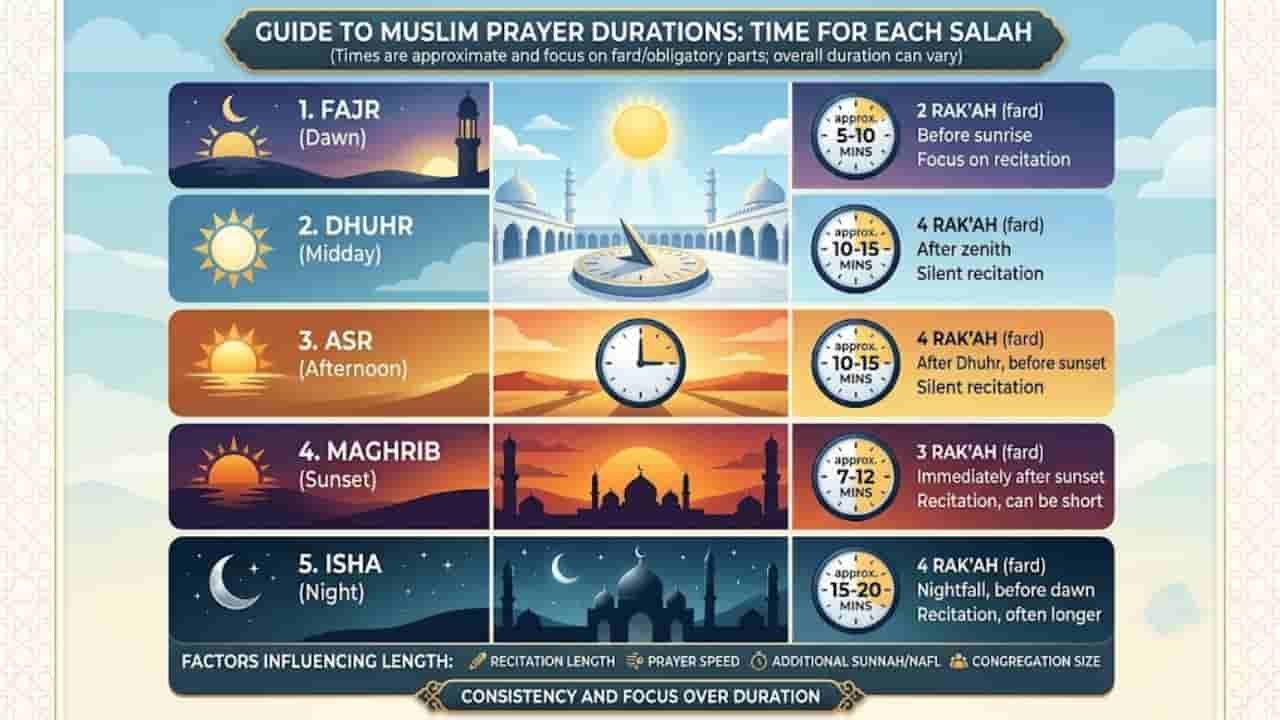 An infographic guide titled "Guide to Muslim Prayer Durations: Time for Each Salah" detailing the duration, units (rak'ah), timing, and recitation style for the five daily Islamic prayers "how long do muslim prayers last".
