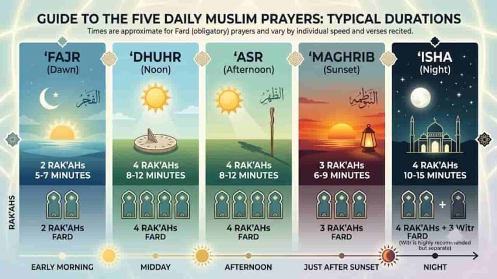 Infographic breaking down the durations and structure of the five daily Muslim prayers (Fajr, Dhuhr, Asr, Maghrib, and Isha) with geometric arch icons representing rak'ahs and sky gradients indicating time of day.