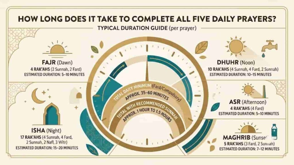 An infographic titled "How Long Does It Take to Complete All Five Daily Prayers?" breaking down the estimated duration and number of rak'ahs for Fajr, Dhuhr, Asr, Maghrib, and Isha prayers, alongside total daily minimums.