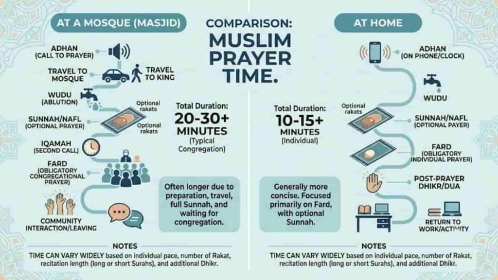 An infographic titled "Comparison: Muslim Prayer Time" comparing the duration and steps of praying at a mosque versus praying at home. The left side shows prayer at a mosque taking 20 to 30-plus minutes, including travel, wudu, sunnah prayers, iqamah, fard congregational prayer, and community interaction. The right side shows individual prayer at home taking 10 to 15-plus minutes, consisting of wudu, sunnah, fard, and post-prayer dhikr. Both sections note that times vary based on pace, number of rakat, and recitation length.