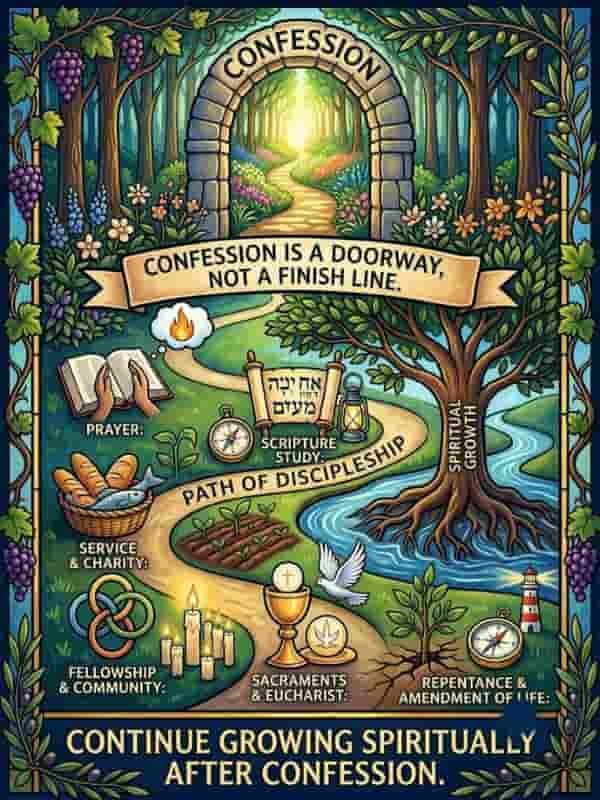 Stained glass-style infographic titled "Continue Growing Spiritually After Confession," illustrating a stone arch doorway labeled "Confession" leading to a winding path toward a lush tree. The image includes the banner text "Confession is a doorway, not a finish line" along with spiritual practices such as prayer, scripture study, service, fellowship, Eucharist, and repentance.