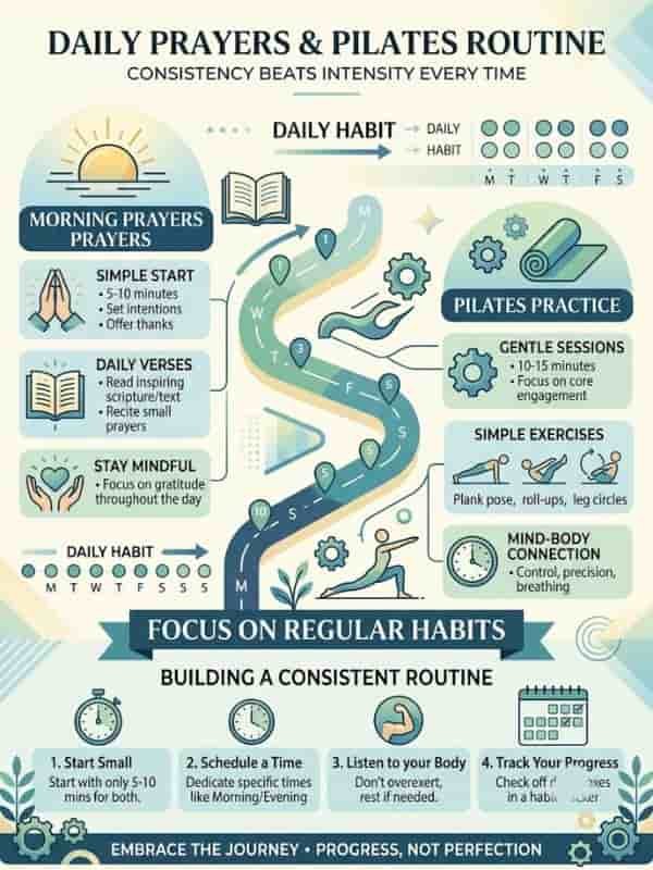 Infographic titled "Daily Prayers & Pilates Routine: Consistency Beats Intensity Every Time," featuring habit trackers, morning prayer steps, gentle Pilates exercises, and tips for building a consistent daily habit.