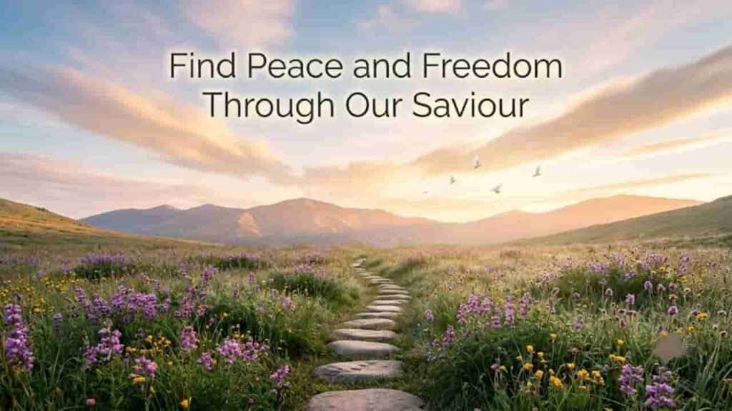 Path winding through a wildflower field towards sunlit mountains with white birds flying overhead and text reading "Find Peace and Freedom Through Our Saviour".