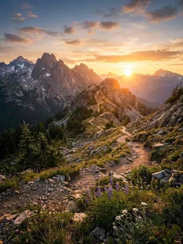 A scenic winding mountain path leading toward a glowing sunrise over dramatic peaks, surrounded by wild alpine flowers and evergreen trees.