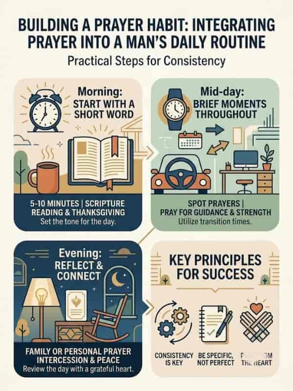 An educational infographic titled "Building a Prayer Habit: Integrating Prayer Into a Man’s Daily Routine" featuring flat vector illustrations of an alarm clock, open book, steering wheel, desk, lamp, notebook, and heart icons outlining morning, mid-day, evening, and key success steps.