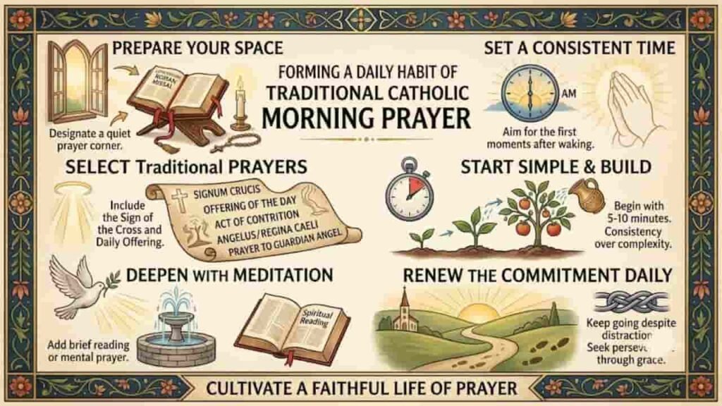 An infographic titled "Forming a Daily Habit of Traditional Catholic Morning Prayer" set within an ornate decorative border. The graphic features six main advice sections illustrated with traditional symbols: a quiet prayer space with an open book and lit candle; a clock showing an early morning time; a scroll listing traditional prayers; a growing plant next to a timer illustrating simple beginnings; a dove, fountain, and open spiritual reading book for meditation; and a sunrise landscape path representing daily commitment.