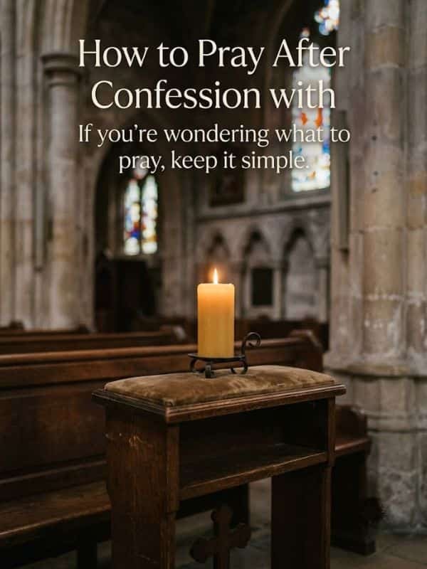 An illuminated candle sits on a wooden prayer kneeler inside a softly lit, historic church sanctuary with empty pews and stone pillars. Overseeing the scene is the overlay text, "How to Pray After Confession" and "If you're wondering what to pray, keep it simple."
