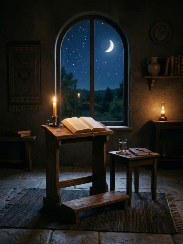An open Bible on a wooden lectern beside a lit candle inside a dimly lit room with a large arched window overlooking a starry night sky and crescent moon.