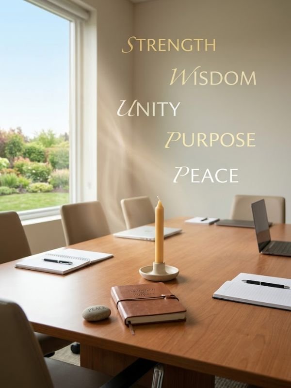 An unlit taper candle in a white holder sits on a conference room table with notebooks, laptops, and a peace stone, with golden spiritual words text on the wall.
