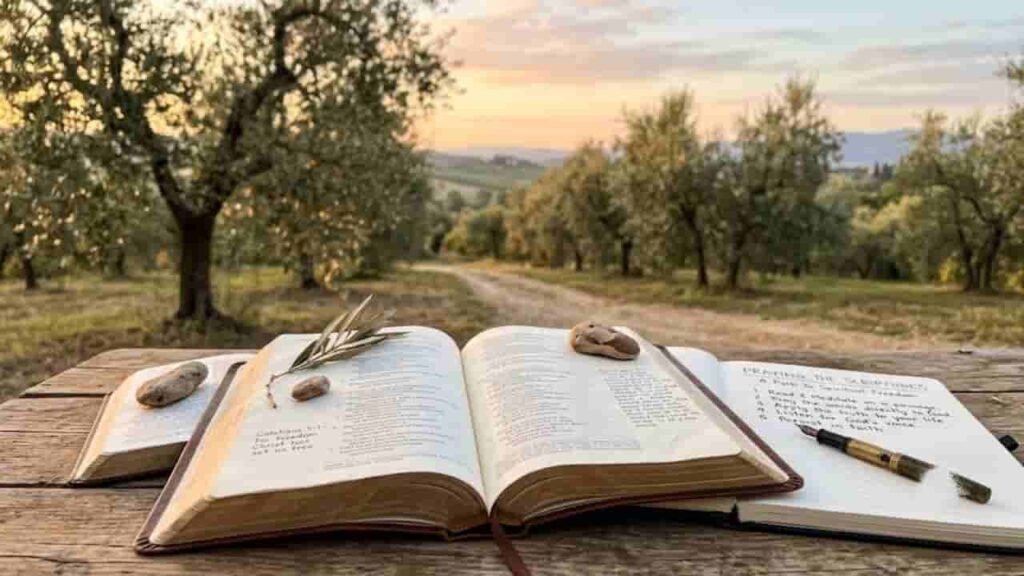 An open Bible resting on a rustic wooden table outdoors next to a notebook with handwritten steps on praying the Scriptures.