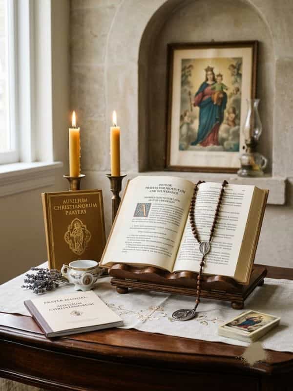 An open Auxilium Christianorum prayer book on a wooden lectern with beeswax candles, a Marian icon, and a rosary on a home altar table.
