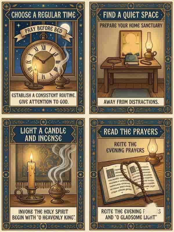 Four-panel Orthodox Christian evening prayer infographic with ornate blue and gold borders, illustrating steps for home prayer without human figures or crosses: top-left shows an antique clock, candle, and incense burner next to a night window with text "CHOOSE A REGULAR TIME"; top-right features an icon of Jesus Christ, prayer rope, and lamp on a wooden table with text "FIND A QUIET SPACE"; bottom-left depicts a burning candle and smoking censer with text "LIGHT A CANDLE AND INCENSE"; bottom-right shows an open prayer book with a prayer rope with text "READ THE PRAYERS".
