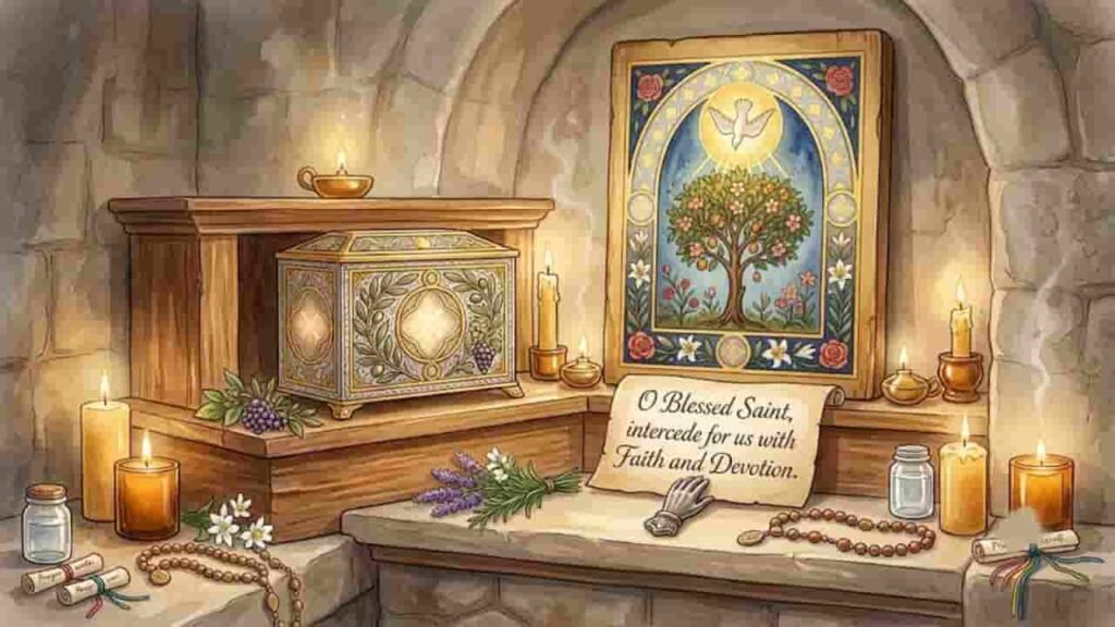 An ornate wooden and stone shrine featuring illuminated candles, an olive oil lamp, a decorated reliquary box, an illustrated sacred tree icon, and a parchment reading "O Blessed Saint, intercede for us with Faith and Devotion."