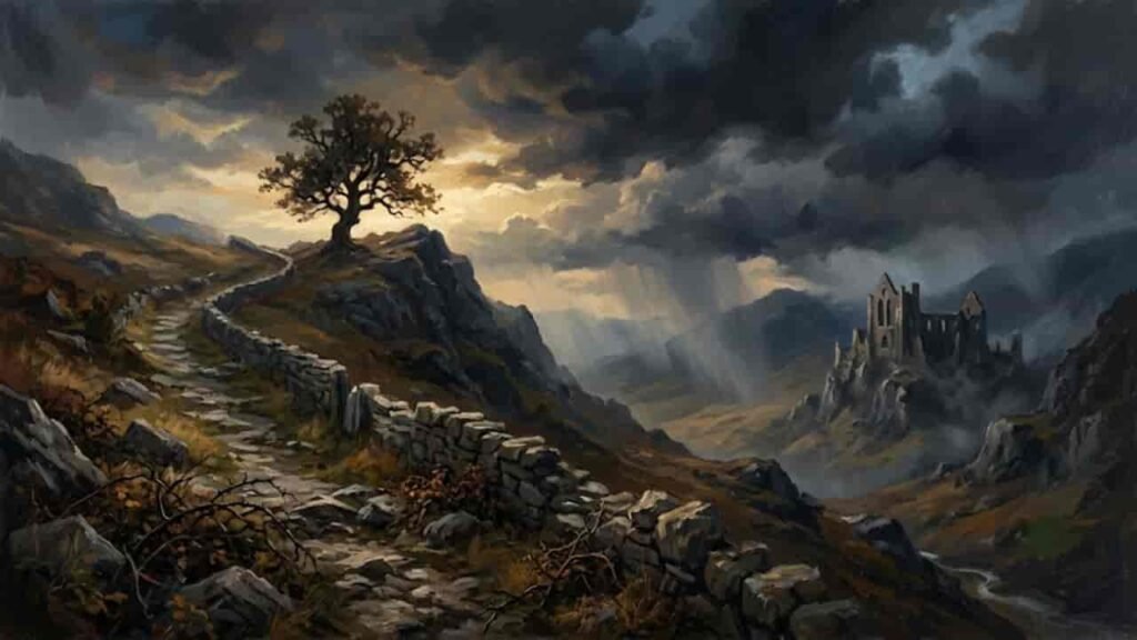 An oil painting depicting a winding stone path leading past a solitary tree toward a misty valley with distant ruins under a stormy sky.