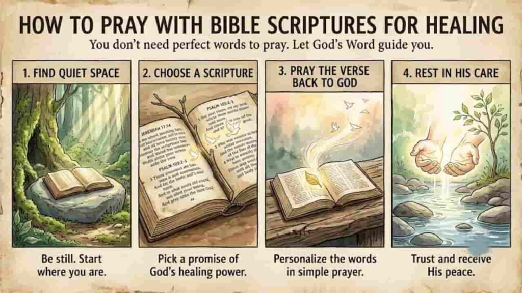 An infographic titled "How to Pray With Bible Scriptures for Healing," featuring four steps on a parchment background: 1. Find Quiet Space, showing an open Bible on a mossy rock in a forest; 2. Choose a Scripture, showing an open Bible listing Jeremiah and Psalm verses; 3. Pray the Verse Back to God, showing light and doves rising from an open Bible; and 4. Rest in His Care, showing cupped hands gathering water beside a streaming river and small green plant. Subtitle reads, "You don't need perfect words to pray. Let God's Word guide you."