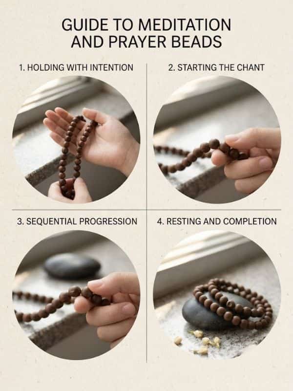 A four-step visual guide on a textured background showing how to use prayer beads for meditation, from holding the wooden beads with intention to resting them after completion.
