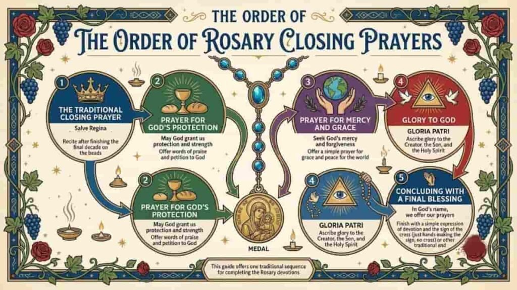 An infographic titled "The Order of Rosary Closing Prayers" displaying a step-by-step guide decorated with vines, grapes, and roses. The steps feature numbered circular icons illustrating prayer steps around a central blue bead strand and medallion.