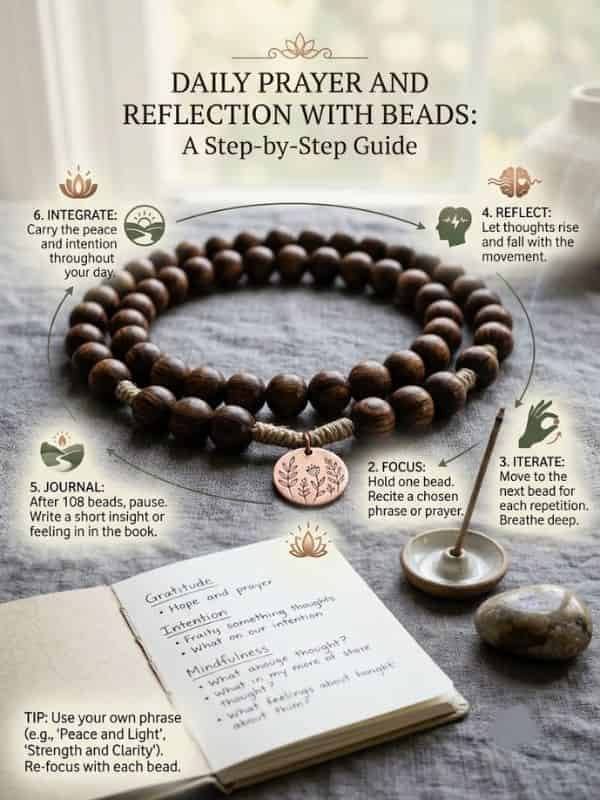 A step-by-step infographic guide on using wooden prayer beads for daily prayer, reflection, and journaling.