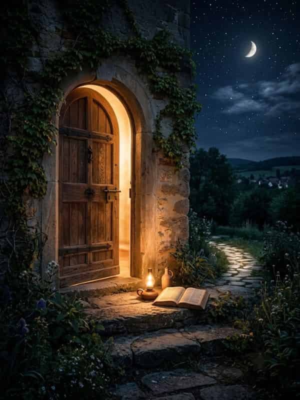 A glowing lantern and open Bible rest on stone steps outside an arched wooden door swung open to reveal a warm, golden light beneath a starry midnight sky.