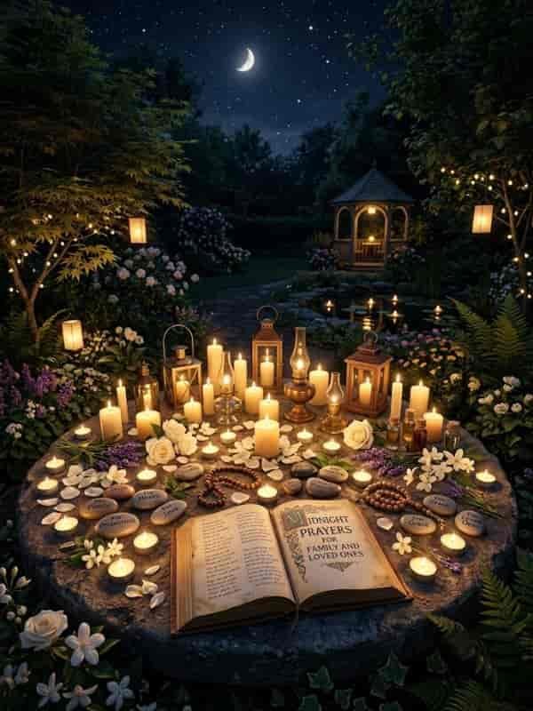 An open book titled "Midnight Prayers for Family and Loved Ones" sits on a stone altar surrounded by glowing candles, lanterns, and white flowers in a night garden.