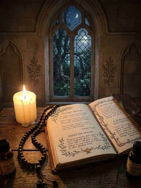 An open prayer book featuring pages titled "Midnight Prayers" rests on a wooden table alongside a glowing candle, prayer beads, and bottles of healing oil, framed by a arched stone window overlooking a starry night sky.