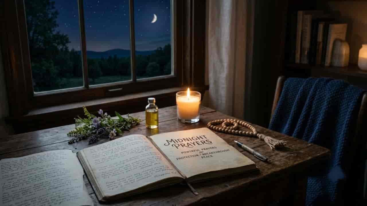 An open prayer journal on a wooden table beside a lit candle and prayer beads, with a starry night sky visible through the window "midnight prayers".