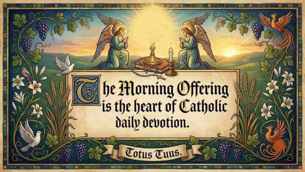 An illuminated manuscript-style artwork with a decorative vine border featuring wheat, grapes, white lilies, and doves. In the center, clear, elegant black lettering on a cream banner reads: "The Morning Offering is the heart of Catholic daily devotion."