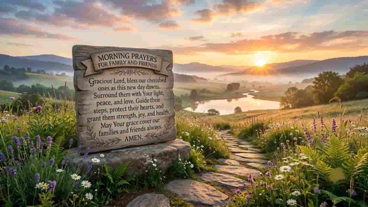 A wooden plaque inscribed with a morning prayer for family and friends sits beside a stone path in a meadow of wildflowers at sunrise "morning prayers for family and friends".