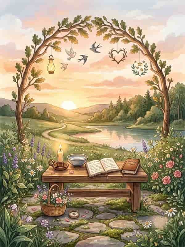 A serene watercolor illustration of an outdoor morning prayer altar set in a blooming garden under a soft sunrise sky. A wooden bench displays open books, a burning candle, and a bowl of water, framed by a natural tree arch with hanging ornaments and birds in flight.