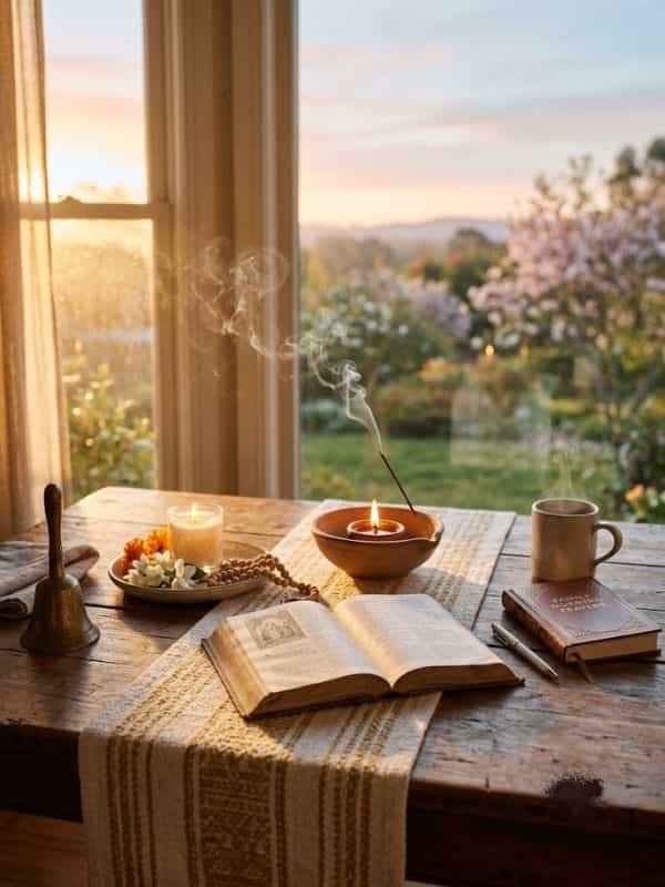A rustic wooden table set by a window with glowing morning sunlight, featuring an open prayer book, a burning candle, incense with wisps of smoke, fresh flowers, and a prayer journal.