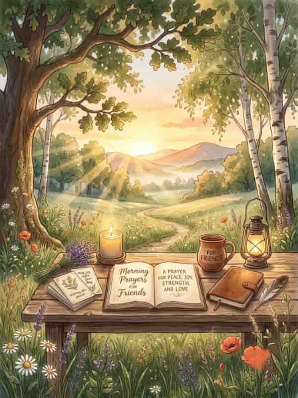 A warm watercolor illustration of an open book titled "Morning Prayers for Friends" sitting on a wooden outdoor table during a serene sunrise, surrounded by a glowing candle, a coffee mug, wildflowers, and a lush forest landscape.