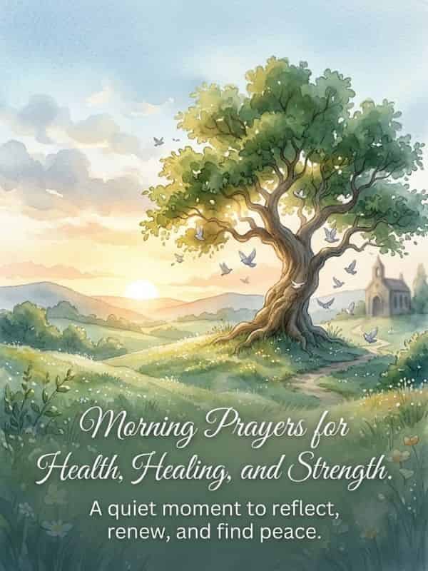 A watercolor illustration of a serene morning landscape featuring a large oak tree on a grassy hill, a rising sun over distant rolling hills, and birds flying in a clear sky, with text reading "Morning Prayers for Health, Healing, and Strength."
