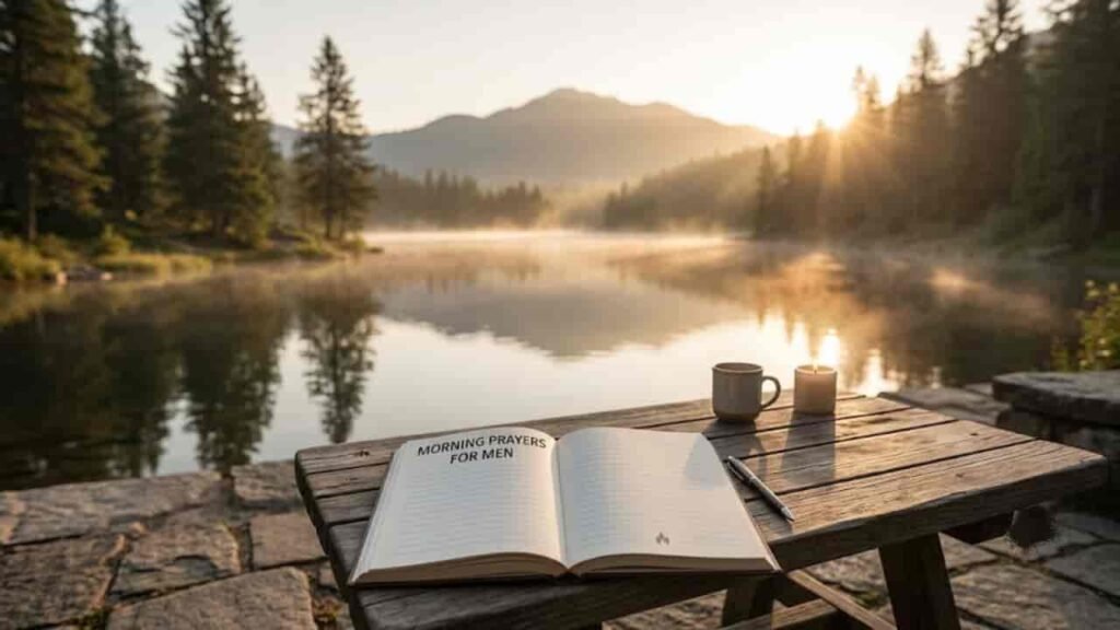 An open journal displaying "Morning Prayers for Men" on a wooden table beside a lake at sunrise with pine trees and mountains in the background.
