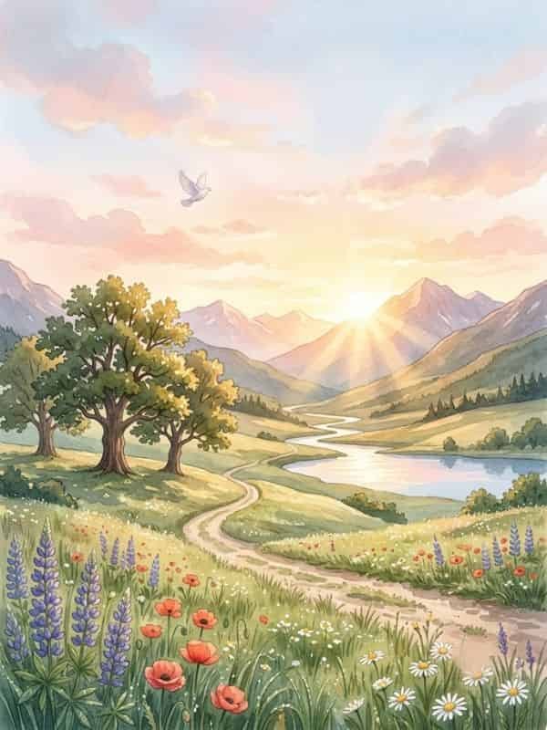 A watercolor illustration of a serene mountain valley at sunrise, featuring a winding dirt path through blooming wildflowers, a quiet river, lush green trees, and a white dove soaring in a soft pastel sky.