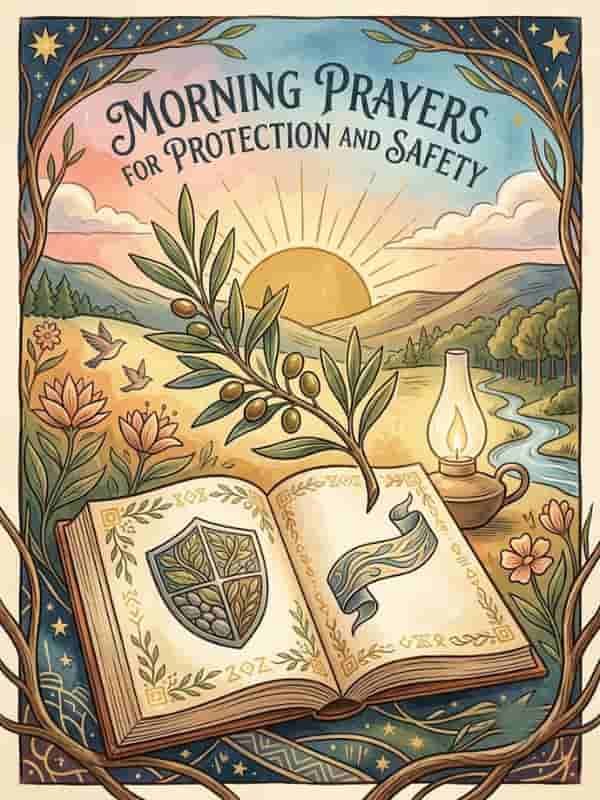An open prayer book featuring a heraldic shield icon rests under a rising sun, illuminated by a warm lantern flame surrounded by olive branches and a tranquil landscape.