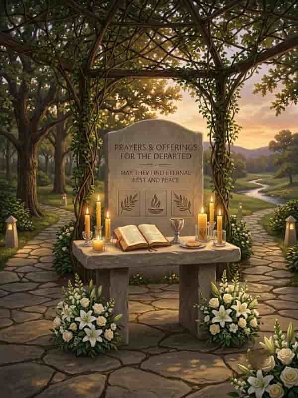Stone memorial table in a serene garden setting featuring lit candles, white lilies, an open prayer book, and a chalice.