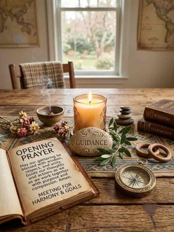 An open book on a wooden table displays a printed opening prayer alongside a burning candle, carved "GUIDANCE" stone, and compass.