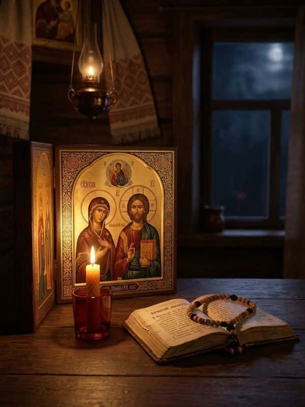 An open prayer book, wooden prayer rope, and lit candle on a table beside a window at night.