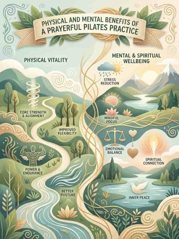 Infographic illustrating the physical and mental benefits of a prayerful Pilates practice.