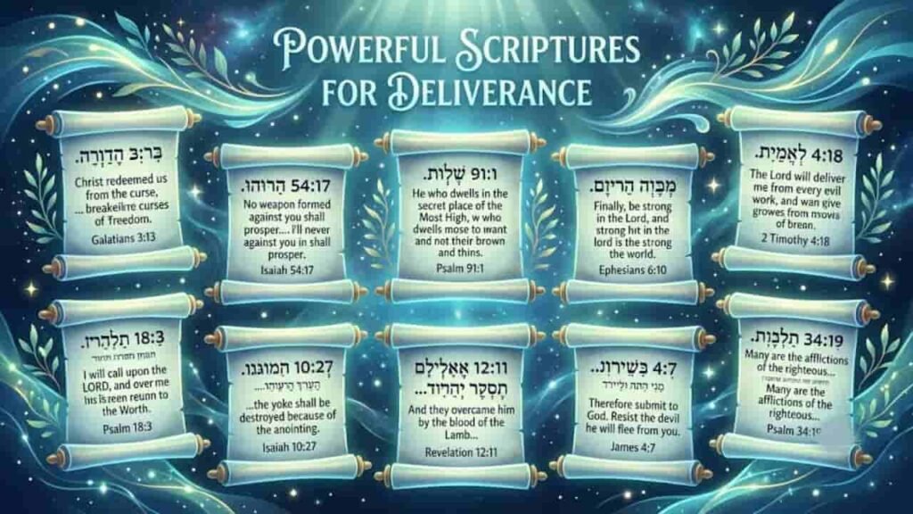 A digital graphic titled "Powerful Scriptures for Deliverance," displaying eight ancient-style scrolls arranged against a glowing, starry blue background framed with subtle botanical vines. Each scroll features Hebrew text at the top, a key Bible scripture about spiritual protection and freedom from curses below, and the corresponding scripture reference at the bottom.