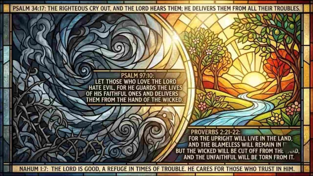 A stained-glass image featuring powerful Bible verses about God's protection and wickedness, set against contrasting dark, stormy elements and a bright, radiant landscape.